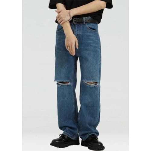 Korean Jeans Pants Men Spring New Knee Hole Trendy Personality Hip Hop Streetwear Casual Loose Straight Quality Denim Pants Mens