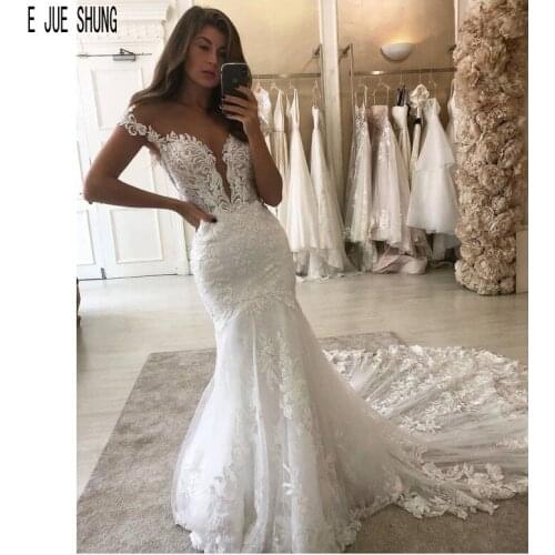 E JUE SHUNG New Arrival Mermaid Wedding Dresses Sheer O Neck Cap Sleeve Lace Appliques Bridal Gowns Bride Dresses robe de mariee