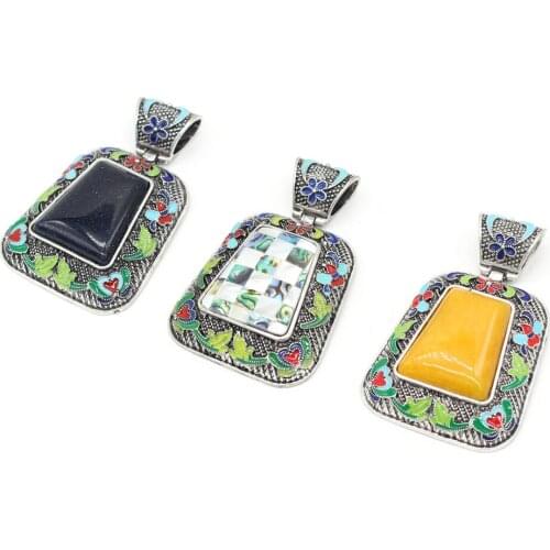 Ethnic Pendant Natural Stone Lapis Lazuli Abalone Shell Trapezoid Charms for Women Jewelry Making DIY Necklace Accessories Gift