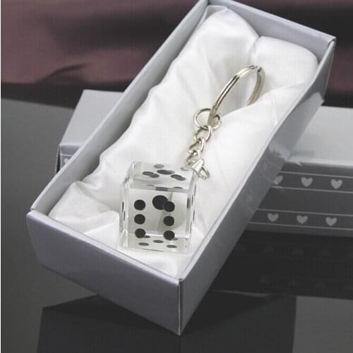 24PCS Las Vegas Themed Chrome Keychain with Crystal Dice In Gift Box Unique Wedding Favors Party Giveaways
