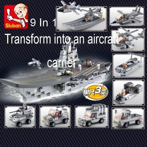 SLuban 9IN1 Sea, Land Air Team Military Series Ship Car Model Building Block City Minifigures Educational Toy Gift Kid Child Toy