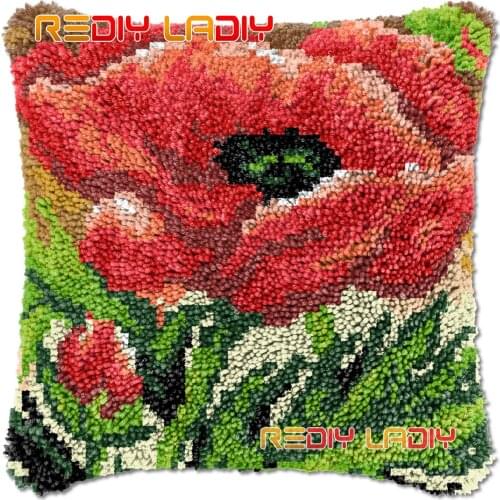 Latch Hook Cushion Poppy Flowers DIY Needlepoint Kits Chunky Acrylic Yarn Arts Crocheting Lofty Pillow Case Hobby & Crafts