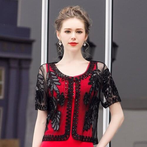 Summwe Vintage Fashion Casual Embroidery Short Sleeve Covered Button Thin One Size 6 Colours Short Mesh Shrug Women Shawl 99138
