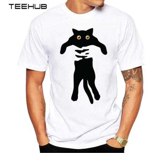 TEEHUB Fashion Cat in hands Men T-Shirt Hipster Black Cat Printed Tops Short Sleeve Tee Cool T Shirts