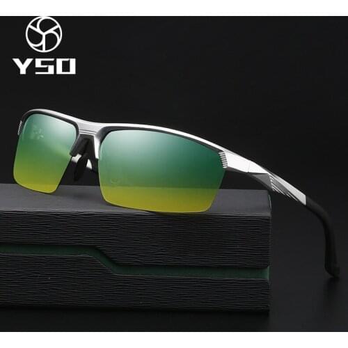 YSO Sunglasses Men Polarized UV400 Aluminium Magnesium Frame HD Night Vision Driving Glasses Semi Rimless Accessory For Men 8547