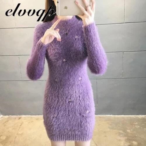 Mink Furry Sweater Dress Women Autumn Winter Flowers Embroidery Elasticity Knit Bottoming Pullover Sexy Package Hip Mini Dresses