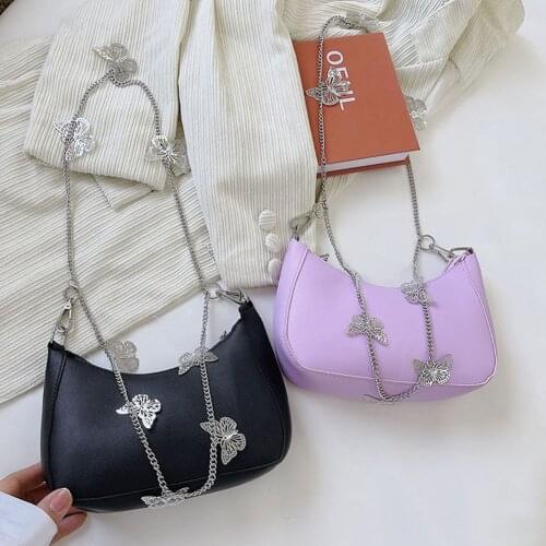 Handle Bag Women Retro Handbag PU Leather Shoulder Underarm Bag Vintage Butterfly Chain Pure Color Zipper Mini Purse Handbag