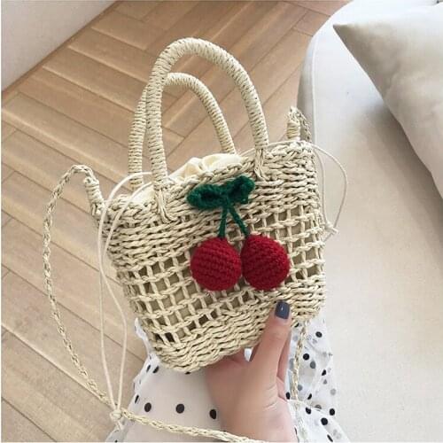 Cherry Straw Woven Bag Female Cute Seaside Vacation Beach Bag One Shoulder Diagonal Small Fresh One Shoulder Woven Female Bag