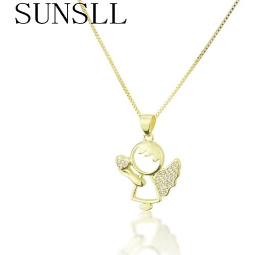 SUNSLL New Gold Copper White Cubic Zirconia Angel Necklace For Women / Children Fashion Birthday Jewelry Pendant Gifts