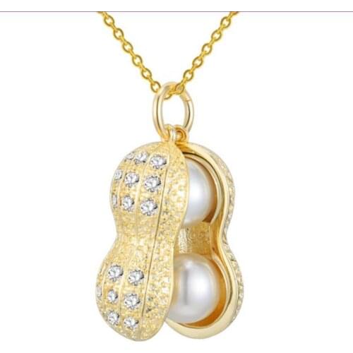 Light Yellow Gold Color Peanut Imitation Pearl Pendant Link Chain Necklace with Rhinestone Jewelry