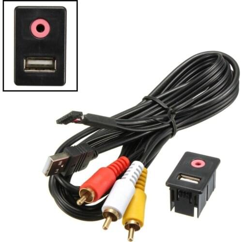 USB AUX Adapter Socket 3.5mm Plug 3RCA Car Dashboard Mount Extension Cable