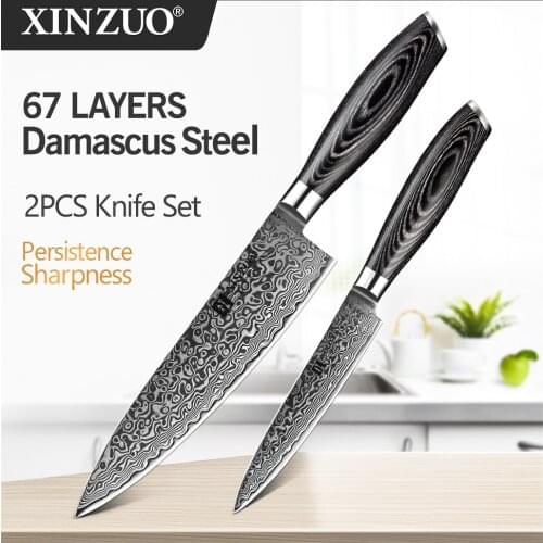 XINZUO 2 Pcs Kitchen Knives Set 67 layers Damascus High Carbon 8'' Chef &5'' Utility Knife Stainless Steel with Pakkawood Handle