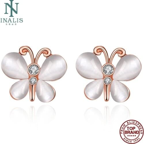 INALIS Rose Gold Butterfly Stud Earrings For Women Czech Drill With White Opal Earring Anniversarys Day Female Trendy Accesorie