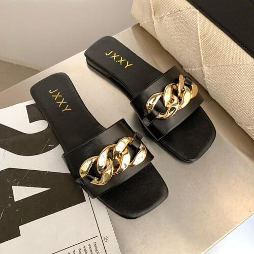 Women Slippers Sandals Gold Chain Slippers Square Toe Shoes For Woman Causal Ladies Flats Slides Female Flip Flops Shoes women