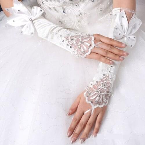Women Bridal Long Gloves Fingerless Floral Lace Patchwork Mittens Glitter Rhinestone Big Bowknot Elbow Length Hook Finger