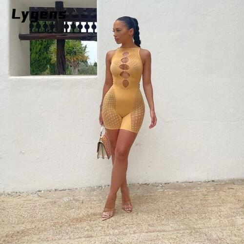 Lygens 2021 Summer Autumn Hollow Out Lace See Through Diamonds Zipper Fitness Playsuit Skinny Sexy Streetwear Club Clothes