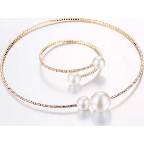 Fashion Pearl Crystal Boutique Two-piece Bangle Alloy Short Clavicle Necklace Bracelet Set Jewelry Set Anniversary Women Gift BH
