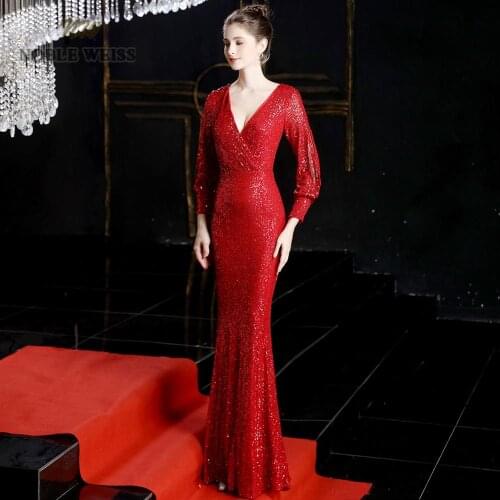 Prom dresses 2019 red mermaid elastic party dress sexy vestidos de gala v-neck long prom gown with long sleeves
