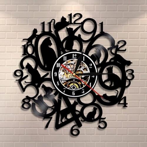 Animal Nursery Decor Vinyl Record Art Clock Funny Kitty Wall Clock Black Kitten Cats Clock Women Animals Lovers Gift Ideas