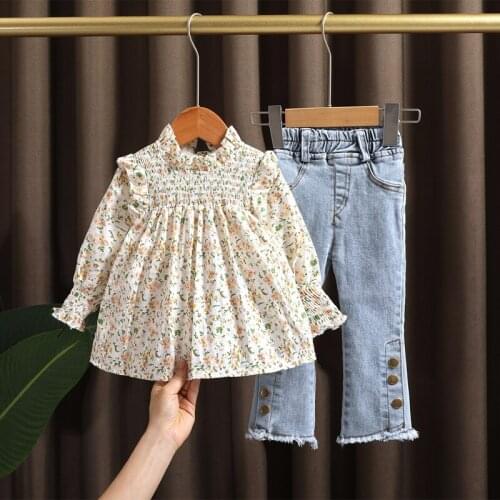 1 2 3 5 6 year spring baby girls clothes outfit set girl kids floral shirt denim flared pants suit for baby girls clothing sets
