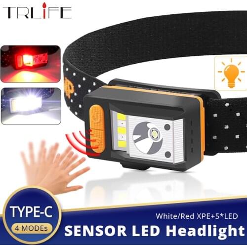 8000LM Sensor LED Night Headlight Mini Running Headlamp with TYPE-C Cable USB Rechargeable Red White ForeLamp For Camping Hikin