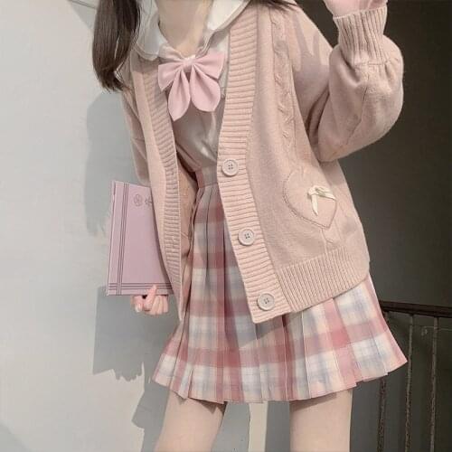 Anbenser Spring Japan Kawaii Fashion Pink Cardigan Women Vintage Crop Knitted Sweater Cute Bow Heart Korean JK School Coat