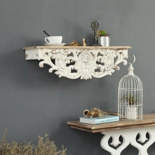 White hand carved retro vintage wood wall shelf