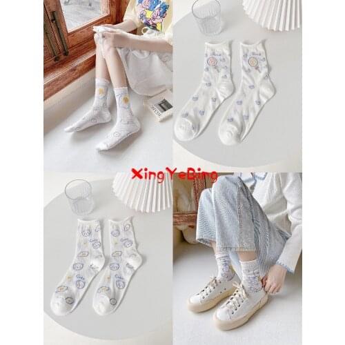Young Girl White Cotton Socks In Tube Socks Summer Thin Breathable Lovely Bear Poached Eggs Printed Heaps Of Socks
