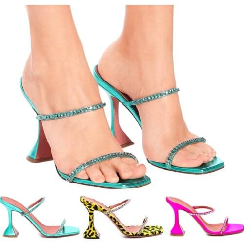 DDYZHY 2021 New Fashion Crystal Rhinestone Slippers Women Summer Square Toe Sandals Transparent Perspex Heels Female Shoes 42