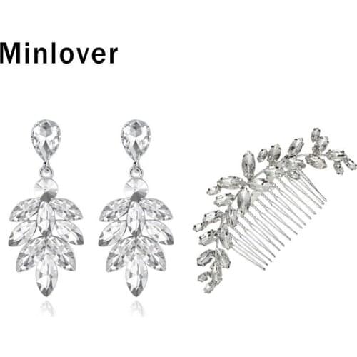 Minlover Elegant Crystal Wedding Hair Combs and Drop Earrings Silver Color Bridal Jewelry Sets for Women Leaf Hair Ornaments FS260+MEH1626