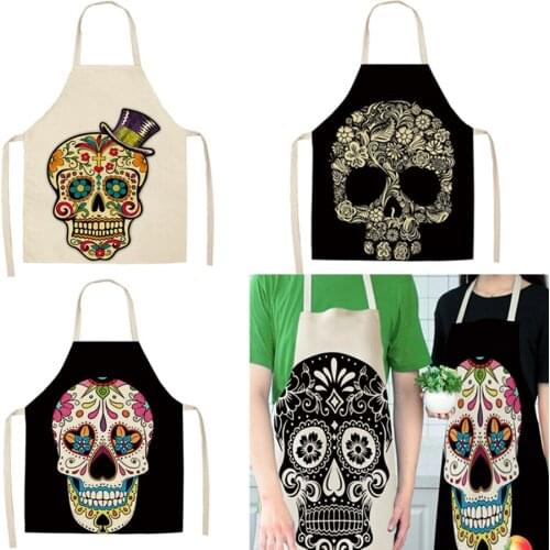 Skull Pattern Kitchen Sleeveless Aprons For Women Cotton Linen Bibs Household Cleaning Pinafore Home Cooking Apron 53*65cm