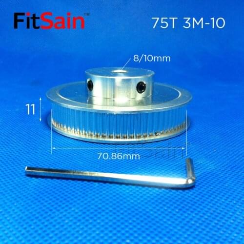 FitSain-3M 75T Synchronous Wheel Width 10mm Aluminum Alloy Pulley Timing Belt Middle Hole 8/10mm
