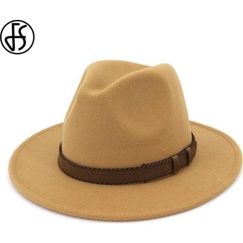 FS Unisex Fedora Hat With Belt Ribbon Wide Brim Panama Trilby Vintage Wool Felt Jazz Cap Men Women Royal Blue Pink Camel Hats