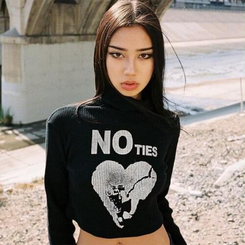 Gothic Letter Graphic Print T-shirt Harajuku Turtleneck Long Sleeve Streetwear E Girl Fashion Sexy Bodycon Crop Tops Autumn Tee