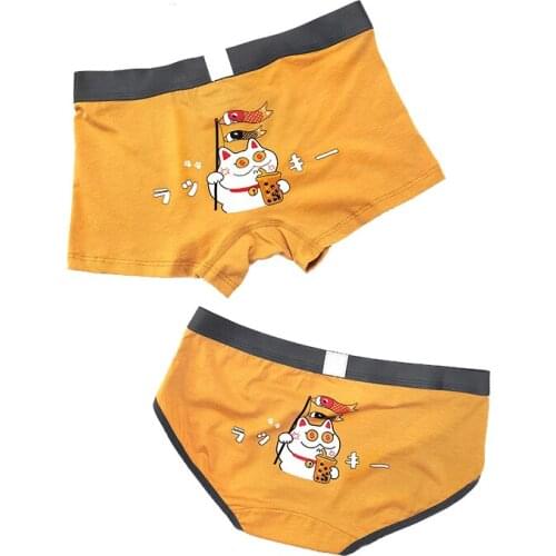Cartoon Cats Print Couples Cotton Underwear Creativity Fashion Personality Breathable Elasticity Man Boxers Women Panties Breifs