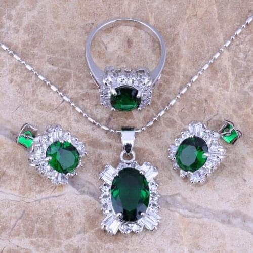Green Cubic Zirconia White CZ Silver Plated Jewelry Sets Earrings Pendant Ring Size 6 / 7 / 8 / 9 / 10 S0081