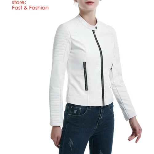 2020 New Fashion Women Elegant Zipper Faux Leather Biker Jackets Ladies Casual Slim Fit White Motorcycle Zipper Coats Outerwear