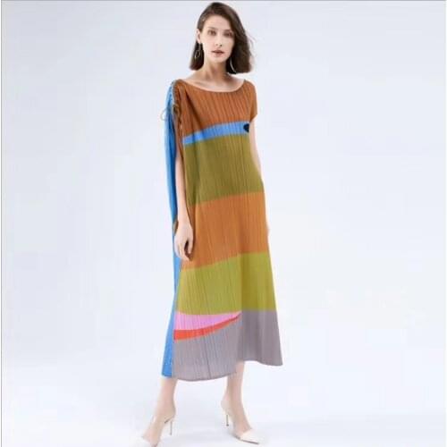 HOT SELLING Miyake fashion fold pleats dress short sleeve stripe o-neck loose dress IN STOCK