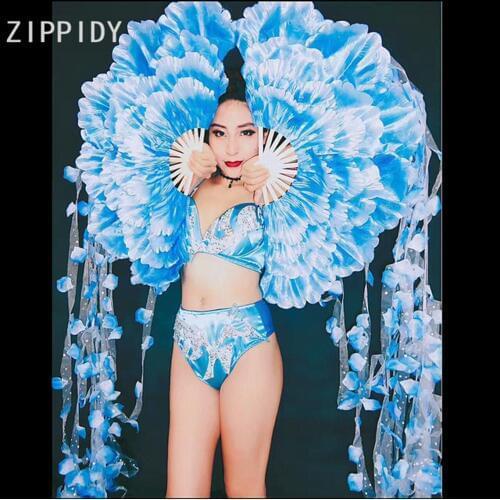 Fashion Summer Stones Bra Short Blue Leaves Big Fan Set Nightclub Female Singer Show Stage Costume Clothes Celebrate Cloth