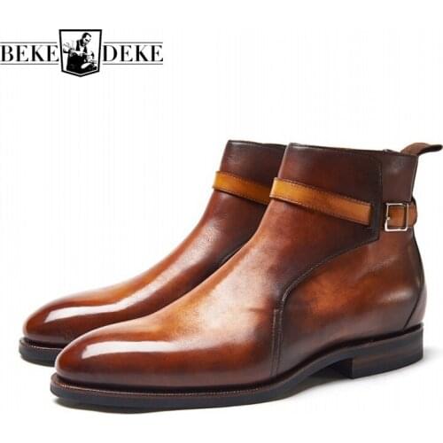 Handmade Men Italian Real Leather Chelsea Boots England Style Vintage Knight Boots Business OL Buckle Platform Ankle Shoes