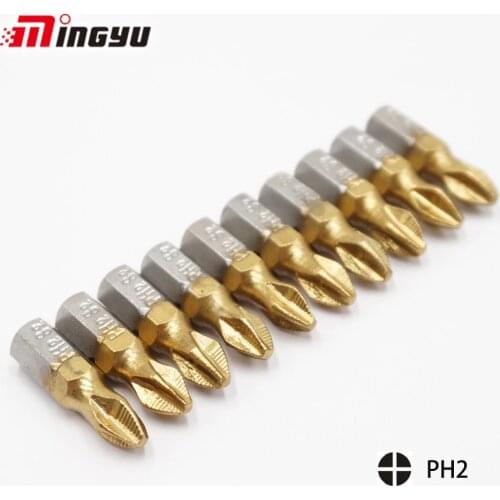 10pcs Phillips PH2 Screwdriver Bits Titanium Coated 1/4'' Hex Shank 25mm Screwdrivers Kit Power Household Repair Tools Drill Bit