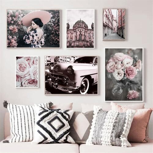 Pink Car Street Building Poster Rose Flower Wall Art Canvas Print Beauty Girl Painting Nordic Wall Pictures Living Room Decor