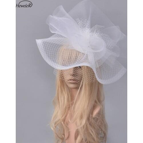 Handmade White Large Fascinator Hat Net Veil Bridal Women Wedding Ascot Party Hair Clip