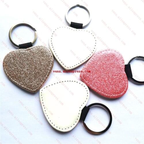 Sublimation glitter leather keychains blank heart key ring with bright powder hot transfer printing consumables 15pcs/lot