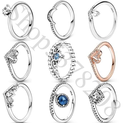 Real 925 Sterling Silver Heart Solitaire Tiara Moon Marquise Wishbone Fashion Ring For Pandora Women Bead Charm Gift DIY Jewelry
