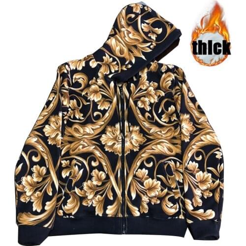 UJWI Autumn Winter Mens 3D Print Gold Flower Luxury Royal Baroque ZIP Hoodie Thicken Men Clothes Mens Coat Male Outwear Custom