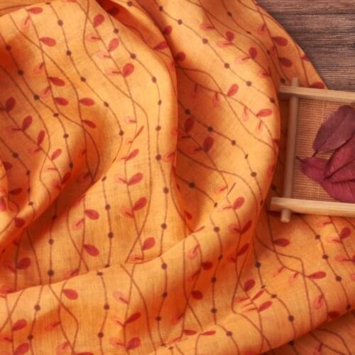 High Quality Natural Ramie tissus Elegant orange cane printing patchwork High-end thin summer dresses fabric