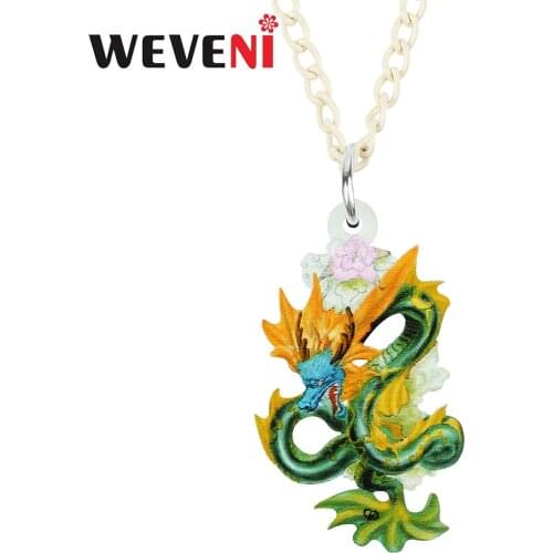 WEVENI Acrylic Cute Green Dragon Chinese Long Necklace Pendant Fashion Chain Unique Charms Gifts Party Jewelry For Women Girls