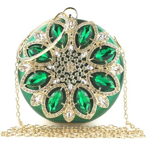 Green Clutch Bag Women Round Clutch Purse Evening Bag Crystal Wedding Purse and Handbag Exquisite Chain Shoulder Bag