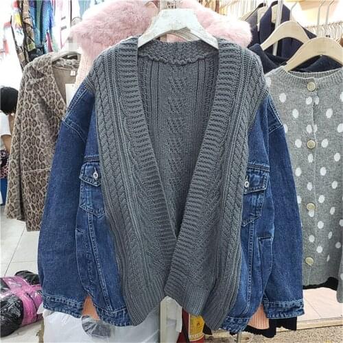 Women Loose Sweater Splice Denim Jacket 2021 Spring Autumn Korean Oversized Long Sleeve Knitted Cardigan Denim Coat Jaqueta Z887
